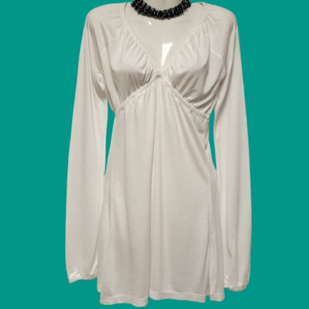 𝅺WHITE Long Sleeve Rayon V Neck Tunic  Blouse Top Size S